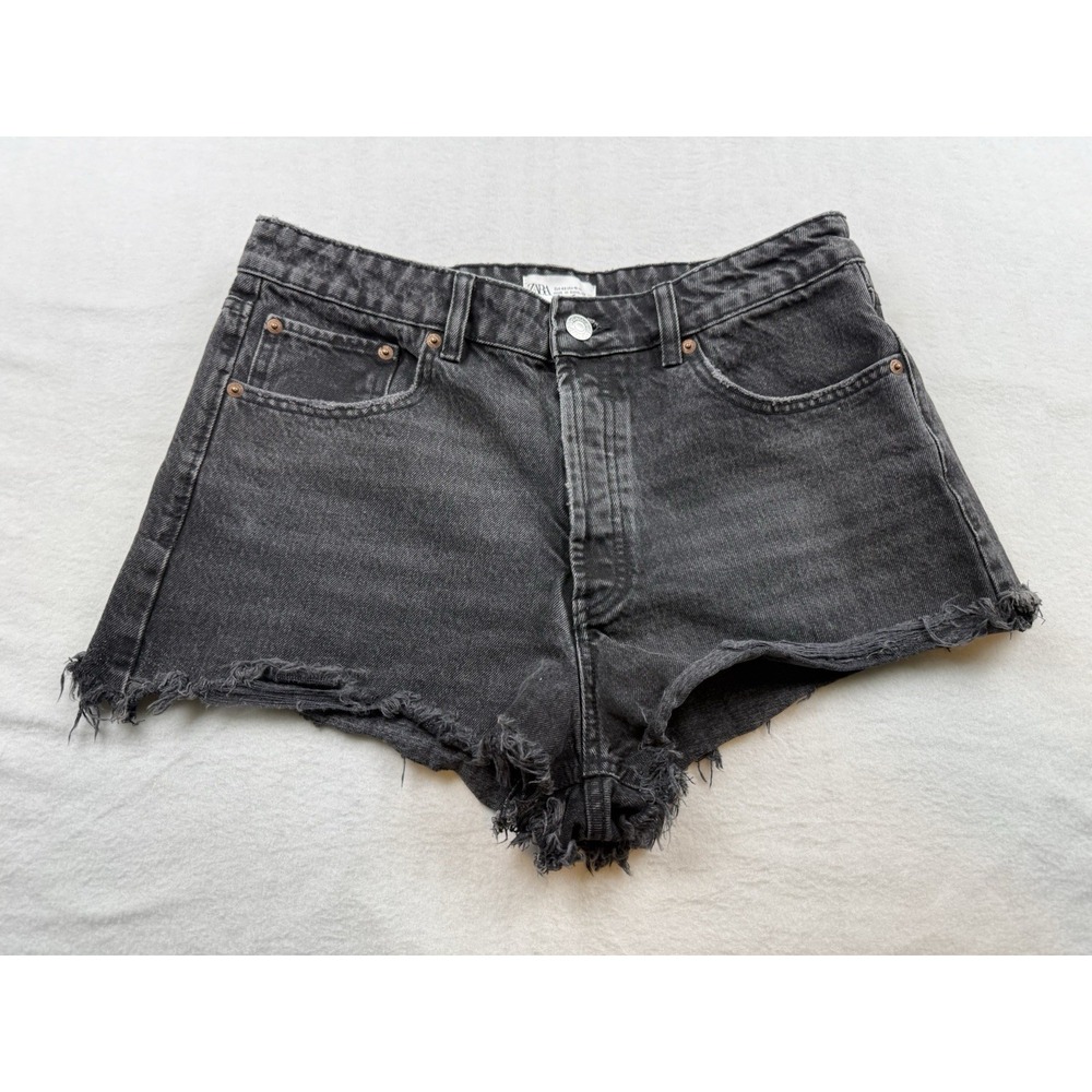 Zara Black Denim Cutoff Shorts 100% Cotton Button Fly Close Size 10